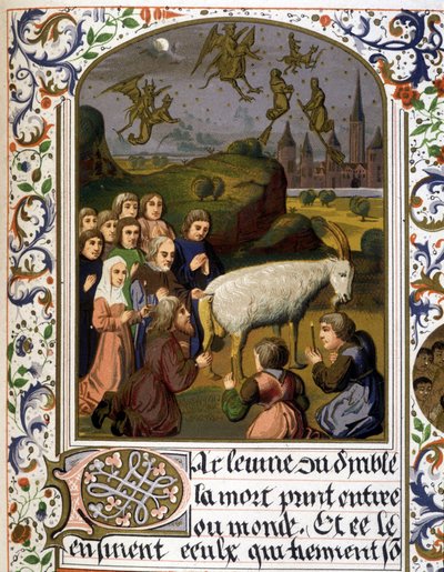 Svart messe rundt en geit mot en sabbatsscene - Faksimile av en belysning av Unknown artist