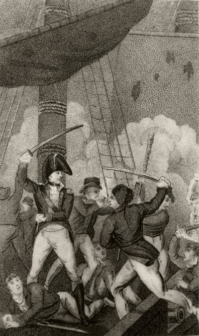 Blackbeard går ombord på Pearl, kommandert av løytnant Maynard av Unknown artist