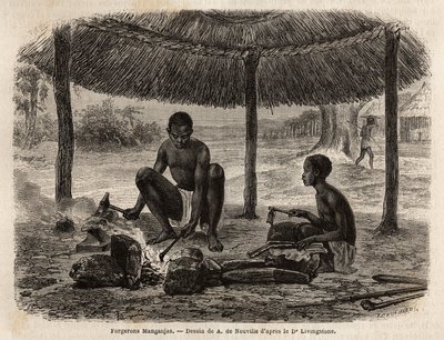 Smedmanganjaer (etnisk gruppe i Zambeze-regionen). Gravering for å illustrere Dr. Livingstones første reiser til Sør-Afrika fra 1840 til 1856, i «Le tour du monde, nouveau journal des voyages»» publisert under ledelse av Edouard Charton av Unknown artist