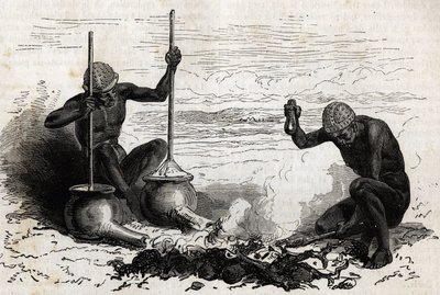 Smeder Lakoutas (stamme som ligger i Upper Nile-regionen), en gaffelgren fungerer som tang, to steiner fungerer som hammer og ambolt, to jordpotter med lange rør ved bunnen fungerer som belg for trekullild, pottene er faste med en stykke s av Unknown artist