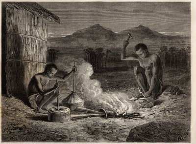 Smeder i Simiango, ved bredden av elven Zambese. Gravering for å illustrere Dr. Livingstones første reiser til Sør-Afrika fra 1840 til 1856, i «Le tour du monde, nouveau journal des voyages»» publisert under ledelse av Edouard Charton av Unknown artist