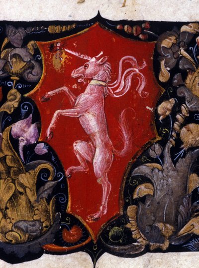 Blazon som dekorerer en enhjørning på rød bakgrunn. Detalj av en miniatyr. 1400-tallet av Unknown artist