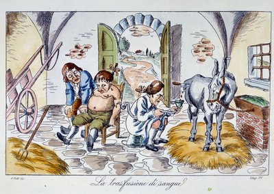Blodoverføring En lege sprøyter hesteblod inn i en pasient. Tegneserie fra privatsamlingen fra 1800-tallet av Unknown artist