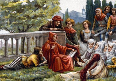 Boccaccio (Boccaccio) leste Decameron for vennene sine under pestepidemien i Firenze rundt 1348. kromolitografi fra slutten av 1800-tallet. av Unknown artist
