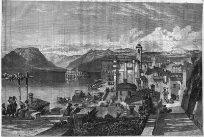 Borromees-øyene i Lago Maggiore (Lago Maggiore i Lombardia) i Italia: Utsikt over Isola Bella (Ila-Bella). Gravering i "" L'univers illustrious "" av Unknown artist