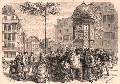 Boulevard Pigalle i Paris: Parisisk folkemengde rundt en Morris-spalte under salget av avisene av Unknown