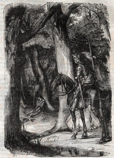 Bradamante apercoit Pinabel (Pinabello) - engraving of 1851 from “” Roland furieux”” (Orlando furioso) (16th century) by Ludovico Ariosto, known as the Ariosta - Edition translated from Italian by the Count of Tressan and published by Gustave Harvard 1851 av Unknown artist