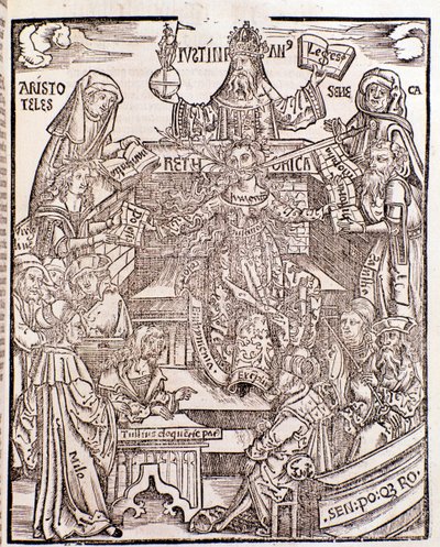 Kunnskapsgrener representert av Aristoteles (øverst til venstre) representerer Natural Philosophy, med Seneca som representerer Moral Philosophy til høyre, keiser Justinian (øverst i midten). Kvinnen i midten har et sverd og en blomstrende gren som kommer  av Unknown artist