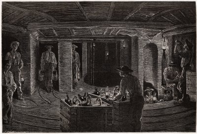 Frokost i gruven, distribusjon og forbruk av kurv-måltider til gruvearbeidere i kullgruvegalleriene i Creusot. Gravering for å illustrere en reise til Creusot og gruvene i Saone og Loire, i 1865, av L. Simonin, i "" Le tour du monde, no. av Unknown artist