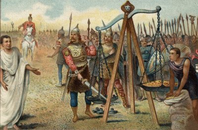Brennus satte sverdet i balanse, 390 f.Kr.: Plyndret Roma av gallerne ledet av deres høvding Brennus (Brennos). Stilt overfor romernes motstand, gikk Brennus med på å håndtere den romerske militærtribunen Quintus Sulpicius: han forlot Roma mot pa. av Unknown artist