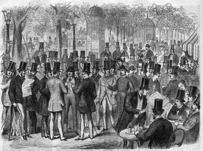 Meglere nær den lille Bourse du Boulevard des Italians i Paris, Frankrike. Gravering i "The Illustrous Universe" av Unknown artist