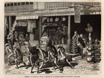 Bronsebutikk i Yedo (eller Edo, dagens Tokyo), byens spesialitet, som presenterer gjenstander fra buddhistisk tilbedelse: bjeller, gongonger, trommer, vaser, kandelaber, røkelser og statuer, men også mindre rituelle gjenstander som sakebokser, lamper, bren av Unknown artist
