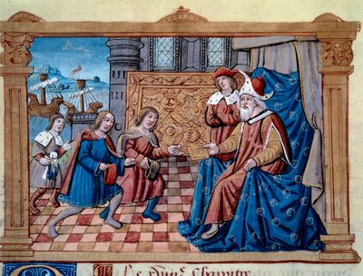 Brødrene Nicolo og Matteo Polo, far og onkel til den unge Marco Polo (1254-1324) ble mottatt i hoffet til Qubilai (Kubilai Khan, første keiser av det mongolske Yuan-dynastiet (1215-1294), mongolsk keiser i 1271. Miniatyr hentet fra "" The B av Unknown artist