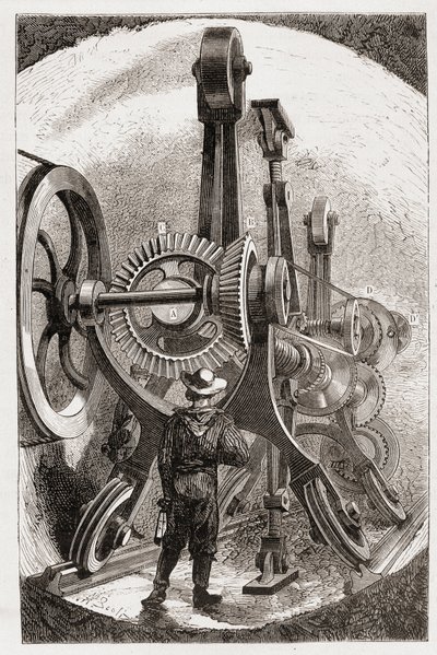 Brunton-maskin for tunnelgraving i myke steiner - i "" The new conquests of science: electricite"" av Louis Figuier, sd av Unknown artist