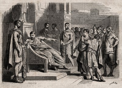 Brutus som dømmer sønnen sin til døden - Brutus (Marcus Junius Brutus, 85-42 f.Kr.) som dømmer sønnene sine til døden - gravering i "" Dictionnaire populaire illustrious" - 1864 - av Joseph Decembre og Edmond Allonier - av Unknown artist