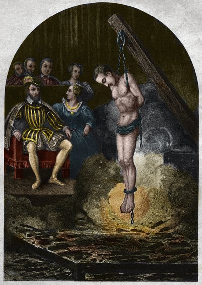 Brennkammer (domstolen) Under kong Henrik II (1519-1559) i nærvær av Catherine de Medicis (Caterina de Medici). Gravering fra 1842 i «Histoire des popes»» av Maurice Lachatre. Privat samling. av Unknown artist