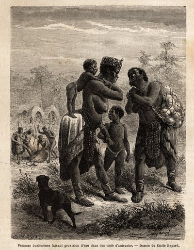 Bushmenes lager vann i strutseegg, i følge med barna sine; i bakgrunnen, sett fra landsbyen og menn som slakter en antilope. Gravering for å illustrere Dr. Livingstones første reiser til Sør-Afrika fra 1840 til 1856, i «Le tour du av Unknown artist