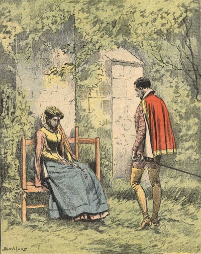 Bussy og Diane, kjent som Madame de Monsoreau, i hagen klar til kirken., Illustrasjon av romanen "La Dame de Monsoreau" av Alexandre Dumas i "Journal des novels populaires illustrés" av Unknown artist