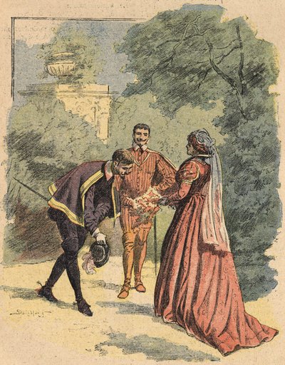 Bussy hilser på Jeanne, akkompagnert av Saint Luke, i parken. Illustrasjon av romanen «La Dame de Monsoreau» av Alexandre Dumas, i «Journal des novels populaires illustrées» av Unknown artist