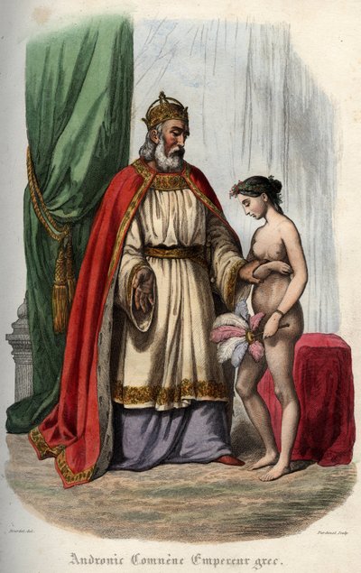 Den bysantinske keiseren Andronikos I Komnenos (eller Andronicus I Comnenus (ca. 1118-1185) (Andronic I Comnene) og hans kone Agnes av Frankrike (1171-1240) som blir tvunget til å vises naken for sin orgie. Gravering fra 1842 i "Histoire des" paver"" av Ma av Unknown artist