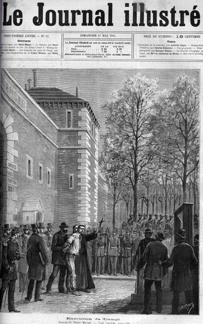 CAMPI, ASSASSINEREN AV RUE DU REGARD - "" Henrettelsen av leiemorderen Michel Campi, på place de la Roquette, 30. april 1884 - GUILLOTINE - gravering i "" Le journal illustrious"" av 1884 av Unknown artist