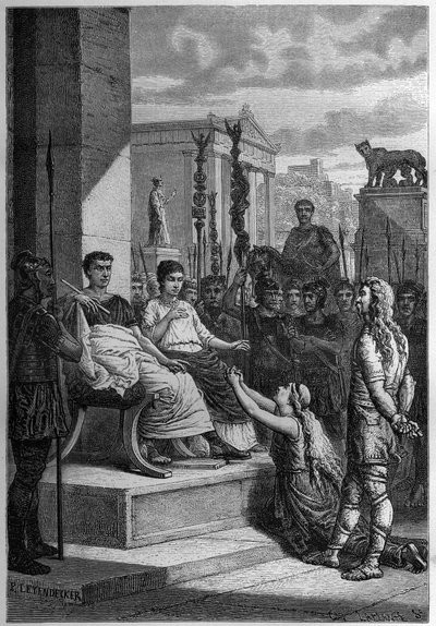 CAPTIVITY OF CHAMACUS - Caratacus (Caratacos, Caratacus) i fangenskap med sin familie henvender seg til den romerske keiseren Claudius (Claude I) (10 f.Kr.-54 e.Kr.) - Gravering i "L