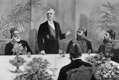 Kairo: Stanley (Sir Henry Morton) (1841 - 1904) holder en tale på banketten hans. Gravering av 1800-tallet. av Unknown artist