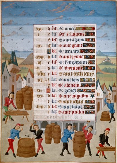 Kalender: August - Produksjon av vintønner - Miniatyr av Mester Jean de Rolin (1400-tallet) fra "The Hours of Adelaide of Savoy, Duchess of Burgundy" 1460-1465 Chantilly, Musee Conde av Unknown artist