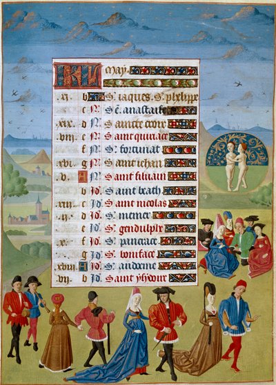 Kalender: mai måned, danser og spill - Miniatyr av mesteren av Jean Rolin fra manuskriptet "The Hours of Adelaide of Savoy, Duchess of Burgundy" 1460-1465 Chantilly, Musee Conde av Unknown artist