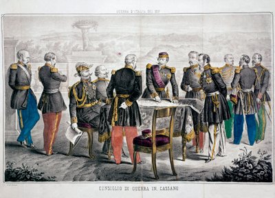 Italias kampanje 1859: Cassanos krigsråd som ser møtet til Vittorio Emanuele II (Victor-Emmanuel eller Victor Emmanuel) og keiser Napoleon III. Privat samling av Unknown artist