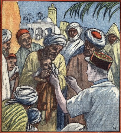Marokkos felttog: «Vaksinasjonsøkt av franske hærtropper i en avsidesliggende landsby i Marokko, april 1934» (Fransk erobring av Marokko: Franske soldater vaksinerer barn i isolerte landsbyer i Marokko, april 1934) Illustrasjon fra  av Unknown Artist
