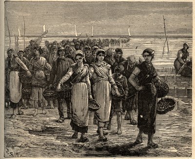 Cancale - Bretagne - Cancalaises tilbake fra fiskebåtene - - gravering i "" PATRIE" - PECTUREQUIREQUE BESKRIVELSE AV FRANKRIKE I 6 BIND AV LUCIEN HUARD - slutten av 1800-tallet av Unknown artist