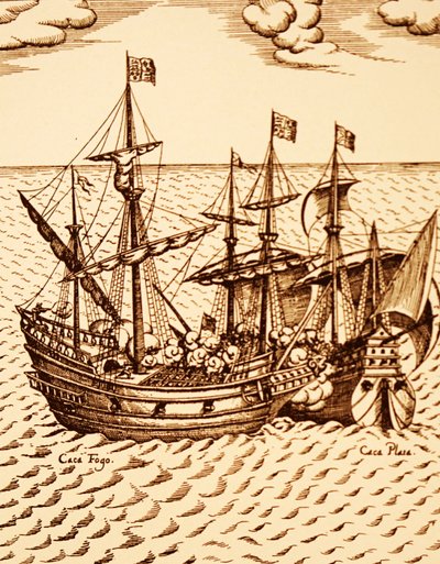 Fangst av den spanske galjonen Cagafuego av Golden Hind ledet av Francis Drake i mars 1579 (gravering) av Unknown artist