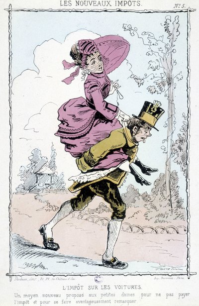 Bilavgift: "" en ny måte for små damer å la være å betale skatt og å bli med fordel lagt merke til"" - karikatur på "" nye avgifter"" av Unknown artist