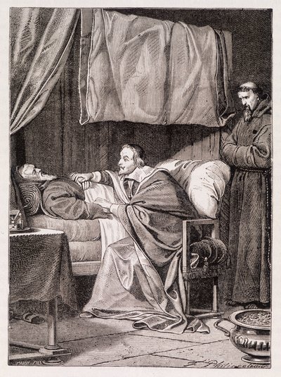 Kardinal Richelieu på dødsleiet til far Joseph - gravering av Unknown artist