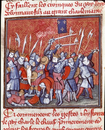 Karolingisk dynasti: "" Karolingisk konge Charles II sier den skallede (823-877) under et slag""" Miniatyr hentet fra "" Les grandes Chronicles de France""" Chantilly fra 1300-tallet, Musee Conde av Unknown artist