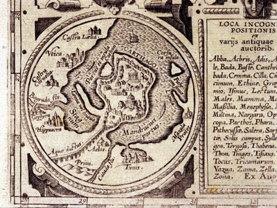 Kartago utsikt over Tunisbukta i et historisk atlas fra 1600-tallet. av Unknown artist