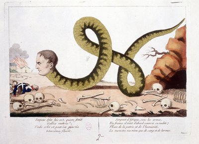 Tegneserie om Napoleon representerte jeg som en slange. Snake of Africa under arms, i Frankrike kom han først for å dekke nakenheten sin; En svøpe for hjemlandet og menneskeheten, monsteret levde bare med blod og tårer. - i Napoleon I, karikaturer, dummysa av Unknown artist