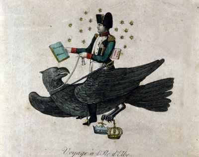 Tegneserie om Napoleon om hans eksil på Elba-øya. Napoleon på en ørn holder i høyre hånd en bok med tittelen Militær verneplikt. Gravering av perioden. av Unknown artist