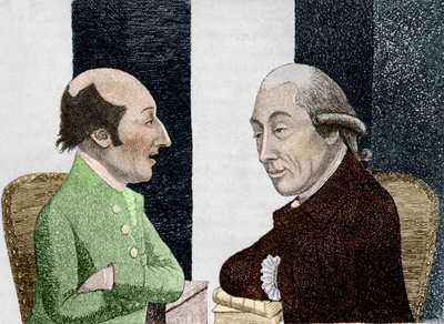 Tegneserie av James Hutton (1726 - 1797) til venstre og Joseph Black (1728 - 1799) til høyre Gravering tidlig på 1800-tallet av Unknown artist