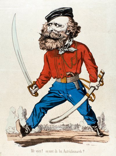 Tegneserie som viser Giuseppe Garibaldi (1807-1882), italiensk patriot og helter fra Risorgimento, som utbryter "" Me voic! ou sont les Austrihemards””” Gravering av privatsamlingen fra 1800-tallet - Giuseppe Garibaldi (1807-1882), italiensk patriot og Ris av Unknown artist