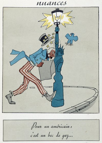 Tegneserie som viser Frihetsgudinnen med et gassnebb som erstatter fakkelen. av Unknown artist