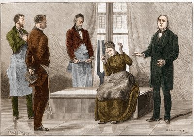 Katalepsi produsert under påvirkning av lyd (Diapason). Den franske nevrologen Jean Martin Charcot (1825-1893) (til høyre) demonstrerer hypnose på en pasient på sykehuset i Salpetriere. Illustrasjon hentet fra "" Nature"" 1879 av Unknown artist