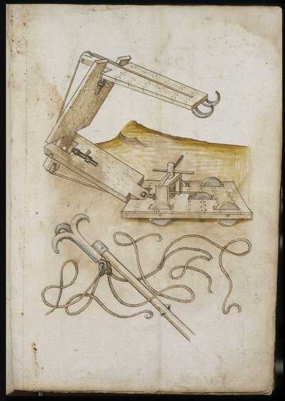 Catapult and Hook System - Manuskript: pergamentark av en ingeniørhåndbok for bygging av sivile, religiøse og militære bygninger, anonymt, sent på 1400-tallet (figur med kinesisk blekk) av Unknown artist