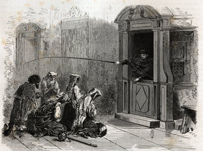 Katolske utøvere i bønn, mottar vanlig bot, pisk administrert av en prest fra standen. Gravering for å illustrere historien om Den hellige uke i Roma, i 1863, av Ludovic Celler, i «Le tour du monde, nouveau journal des voyages»» publis. av Unknown artist