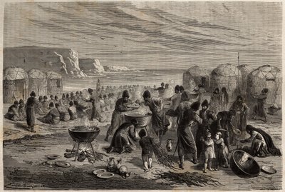 Cauda-yoli (cauda yoli), den årlige turcomanske religiøse festen, for å be om Guds beskyttelse for familien og betailen, organisert av en familie, som for anledningen kan ofre rundt femten sauer, og som hele samfunnet er invitert til. Engravin av Unknown artist