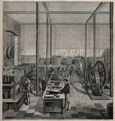 Celluloid: produksjon av celluloid. Gravering fra 1885 i "" Les arts et metiers illustres"" av Adolphe BITARD. av Unknown artist