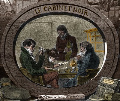 Sensur på 1800-tallet: Under det gamle regimet kalles tjenesten "Black Cabinet", som er ansvarlig for å undersøke privat korrespondanse av sikkerhetsmessige årsaker. Gravering av 1800-tallet. av Unknown artist