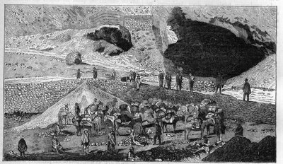 Cerro de Pasco sølvgruve i Peru: transport av malm på baksiden av Mulet. Gravering i "" La Nature"" av Unknown artist