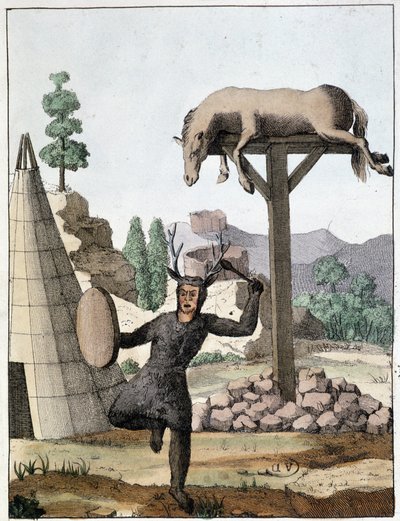 Chaman tunge danser foran en begravelse (Sibir) - gravering, deb. 1800-tallet av Unknown artist